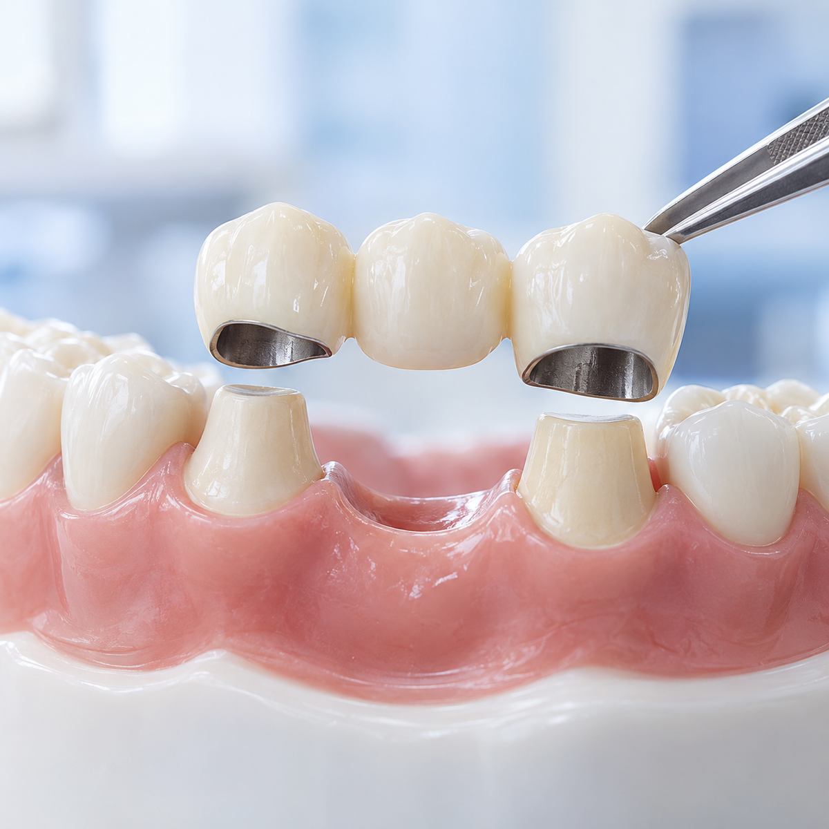 Imagen ilustrativa: Prótesis fija plural 3 piezas (Metal-Porcelana) — Clarity Dental